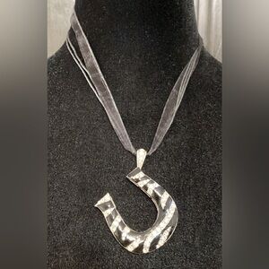 Vintage Silver tone horseshoe with rhinestone Pendant in Zebra Pattern necklace